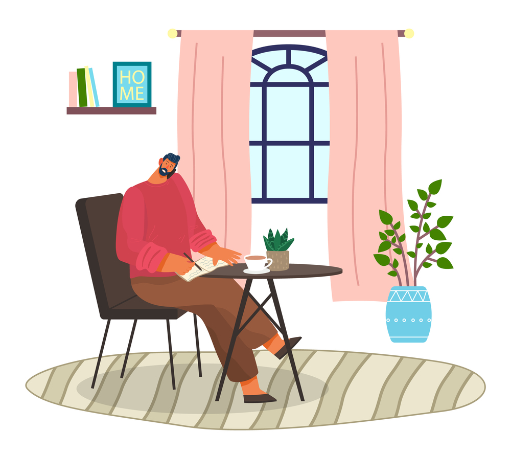Cartoon character in the house at round table, man speaks by smartphone and makes notes in a notebook. Cozy home interior. Stay home be safe awareness social media campaign and coronavirus prevention. Man sitting and talking by the smartphone, making notes. Stay at home and be safe conception
