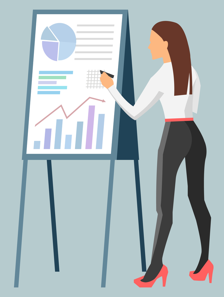 Lady boss making notes on board with statistical data information. Vector graphs and charts, back view of sexy woman presenting report, join to her team. Lady Boss Making Notes Board with Statistical Data
