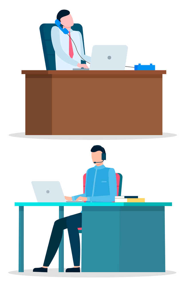 People sitting on their workplaces on chairs with laptops or computers. Two men working in office, call center. Men in headset consulting customers through phone. Vector illustration in flat style. Men, Managers Working in Office with Computers