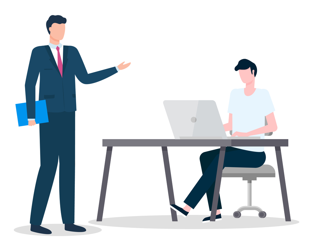 Boss stand near office manager and talk to him about work. Man sit on chair by table and type on laptop. Conversation between businessmen. Modern design of comfortable workplace. Vector illustration. Boss Talk with Manager, Work on Laptop, Workplace