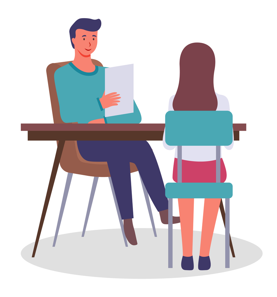 Interview in office. Young friendly man sits at table with document or resume interviews young girl, back view. Interviews, hiring, interviewing, office meeting. Employees, colleagues. Flat image. Man at table interviews or talks with girl, back view. Office employees, associates, colleagues