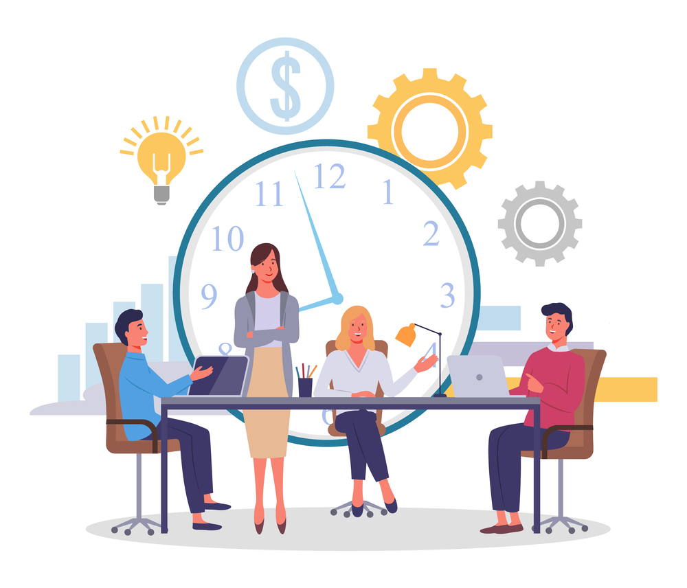 Huge conceptual clock, dollar icon, gears, idea light bulb, big table, employees, partners or competitors with laptops, woman manager standing, blond girl sitting. Negotiations, workflow. Flat image. Large desk, employees sitting, businesswoman standing, huge conceptual clock, dollar, infographic