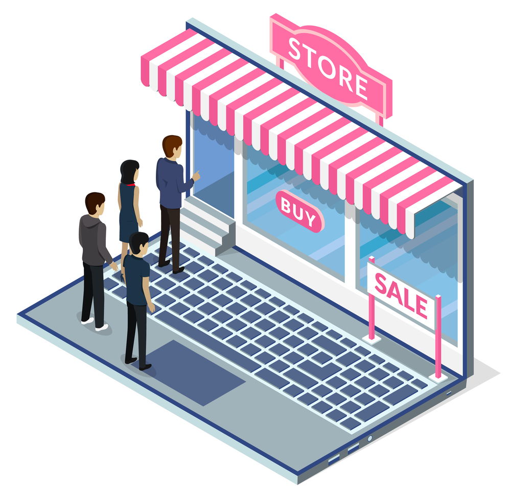 Large cartoon laptop with conceptual storefront, slogan Buy, Store, Sale. Human group waiting in line on cartoon laptop, making purchases in online store. The concept of online trading, shopping. Shoppers line up at conceptual online store on large laptop screen. Cartoon store showcase