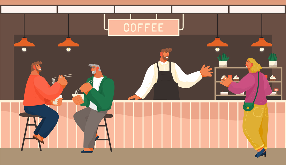 People in the cafe eat and order food. The bartender or cook takes orders from a woman visitor. Modern place interior to meet, drink and eat, chat, have a rest, enjoy free time. Vector flat style. Cafe shop modern illustration. People have a good time, rest, chat. Barista takes order from girl