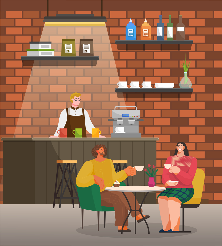 Man and woman are sitting at a table eating and drinking in restaurant. Friends have dinner in a cafe interior near modern wooden counter with male barista in coffee house flat vector illustration. Friends have dinner in a cafe interior near modern wooden counter with male barista in coffee house