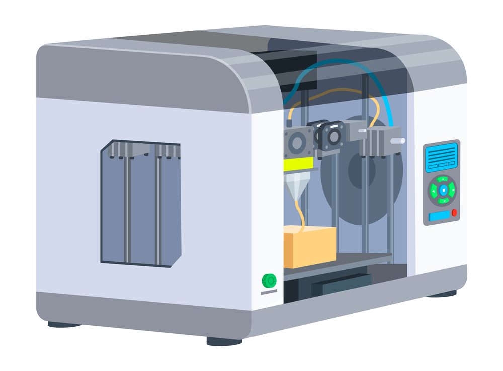 Industrial 3D printer prints a box concept. Print house equipment, digital model of a volumetric product. Modern print technologies, empty operator workplace with printing machine isolated on white. Industrial 3D printer prints a box. Print house equipment, digital model of a volumetric product