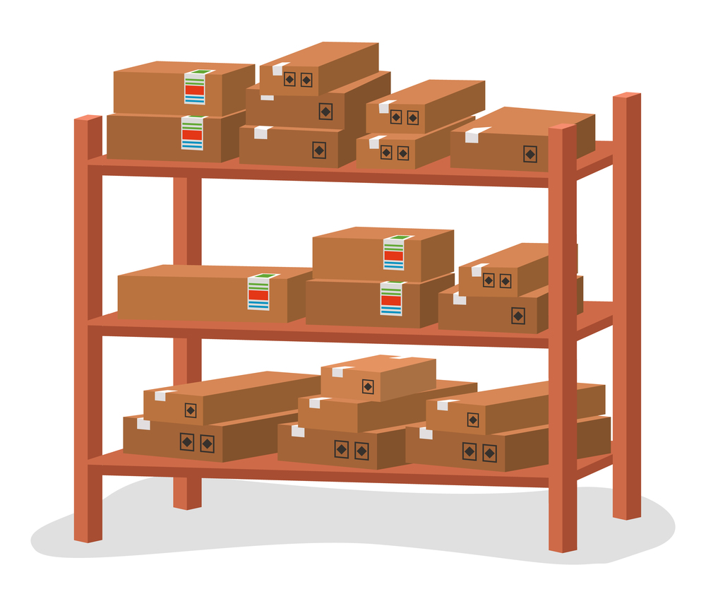 Racks with boxes isolated vector illustration. Cardboard containers stand on wooden shelves in modern typography or print office. Shelving, storage equipment in a warehouse furniture element. Racks with boxes isolated. Cardboard containers stand on wooden shelves, storage equipment