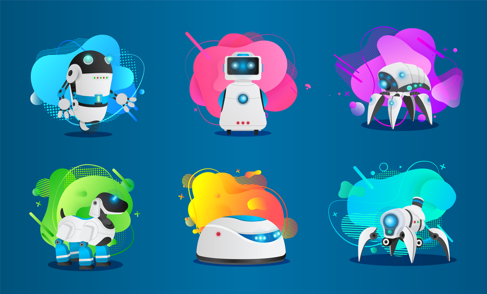 Set of futuristic research cyborgs with artificial intelligence, logo template, colorful background. High tech artificial intelligence cyber smart robot. Hitech developed machinery robot. Flat image. Set of smart scifi androids with artificial intelligence on colorful shapes background. Flat image