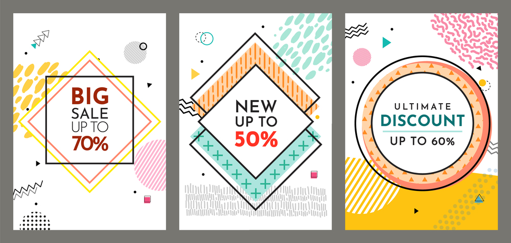 Set of big sale banners. Discount poster template. Big sale special offer. End of season special proposition banner vector flat style. Best price advertising poster with colored geometric elements. Set of big sale banners. Discount poster template. Big sale special offer. End of season, best price