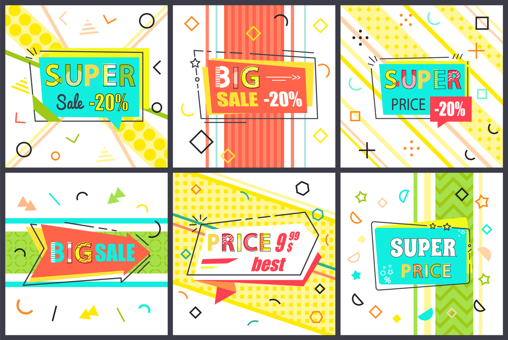 Set of six sale banners. Discount poster template. Big sale special offer. End of season special proposition banner vector flat style. Best price advertising poster with colored geometric elements. Set of six sale banners. Discount poster template. Big sale special offer. End of season, best price