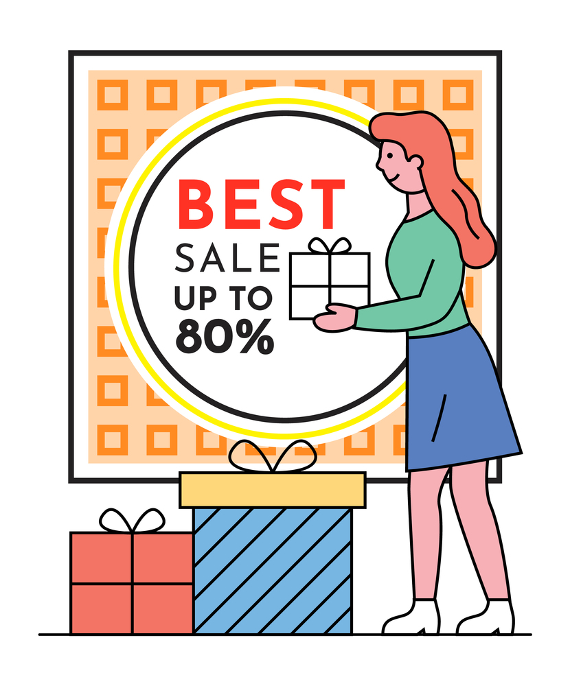 Sale banner with a woman holding gift box standing near advertising poster with lettering best sale up to 80 . Smiling girl with shopping or gifts, discount shopping time, new season sale poster. Sale banner with a woman holding gift box standing near advertising poster with lettering best sale