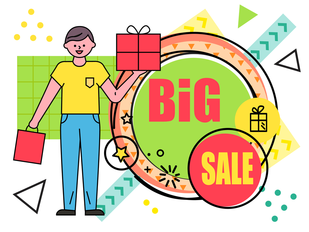 Sale banner with a man holding gift box standing near advertising poster with lettering big sale. Smiling guy with shopping or gifts, discount shopping time, new season sale poster flat vector. Sale banner with a man holding gift box standing near advertising poster with lettering big sale