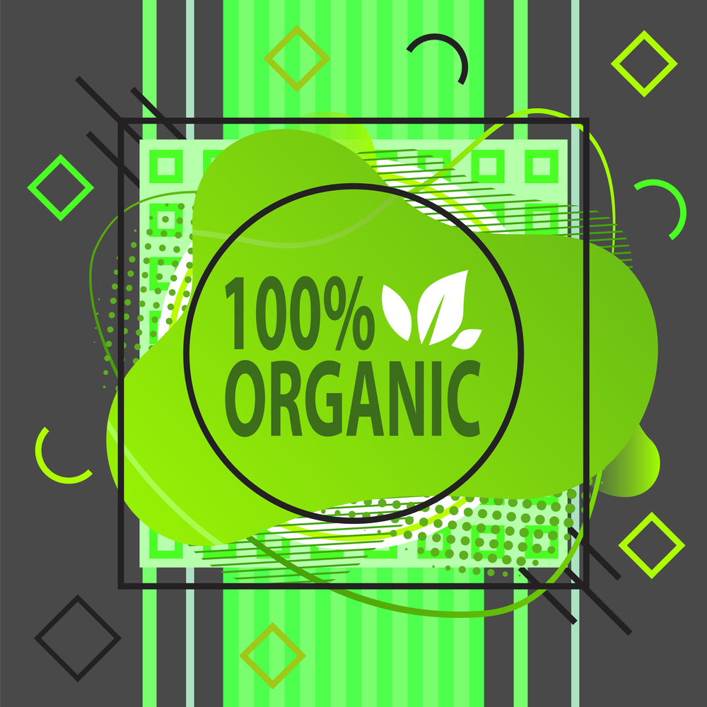 Poster or banner design for organic, natural product with white leaves and green text on green and black background. Ecology clean, natural and herbal products. Dieting nutrition, healthy food. Banner for organic, natural product with white leaves and green text on green and black background