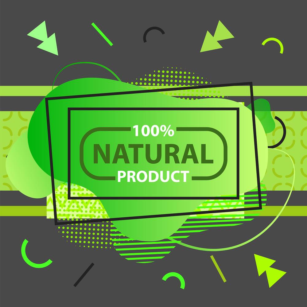 Banner for organic, natural product with green text on green and black background in rectangular frame. Ecology clean, natural and herbal products. Dieting nutrition, healthy food vector illustration. Banner for natural product with green text on green and black background in rectangular frame