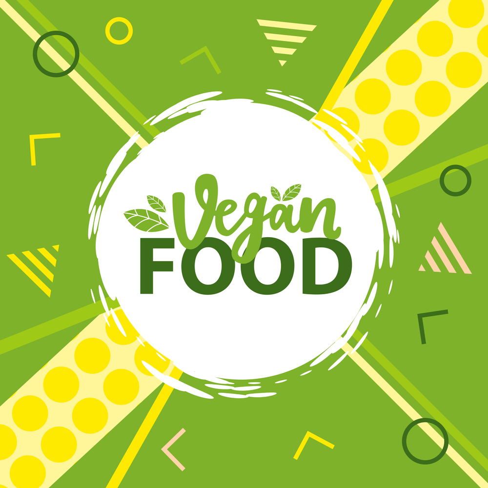 Vegan food green sign with white label and lettering logo ecological concept. Healthy lifestyle and care for nature. Nature conservation society concept. Production of pure healthy foods flat vector. Vegan food green sign with white label and lettering logo ecological concept. Healthy lifestyle