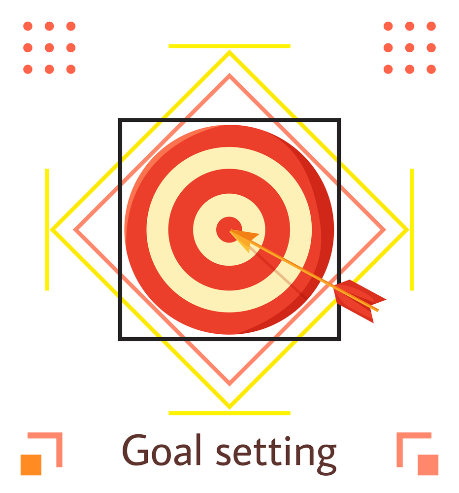Target with an arrow in the red center. Business goal concept with geometric simple elements on white background and goal setting lettering. Successful strategy, achievements in business or sports. Target with an arrow in the red center. Business goal concept with geometric simple elements