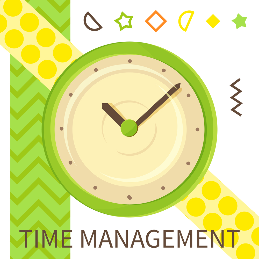 Time management banner with watch. Alarm clock quick time vector icon flat business illustration. Simple classic green round clock on white striped background with colorful geometric elements. Time management banner. Alarm clock fast speed quick time vector icon flat business illustration