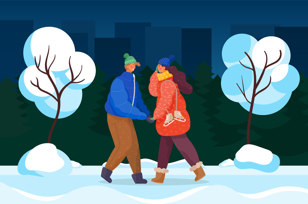 Couple walking in evening park in winter. Man and woman holding hands. Cold weather in town, cityscape with skyscrapers and buildings. Romantic pair in love spending time together, vector in flat. Man and Woman in Night City Park in Winter Vector