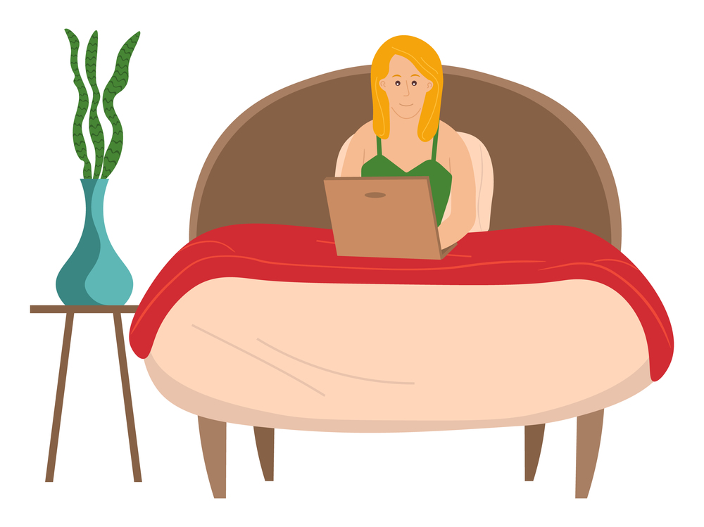 Young blond girl lying in cozy bed and surfs the Internet using a laptop, pot plant. Search for information on the network, communication, browsing web sites. Flat cartoon vector illustration. Surfing the internet. Young girl in bed using laptop to communicate and search for information