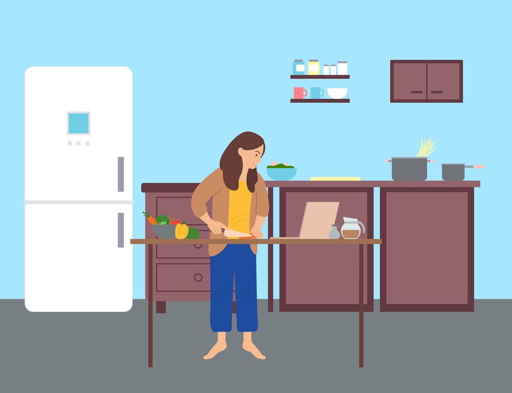 Girl is standing and preparing food, looking at a laptop in the kitchen. Surfing internet, browsing pages, watching master classes. Woman learns to cook using a laptop. Flat cartoon illustration. Woman cooks and surfs the internet in kitchen. Browsing sites, social networking. Flat vector image