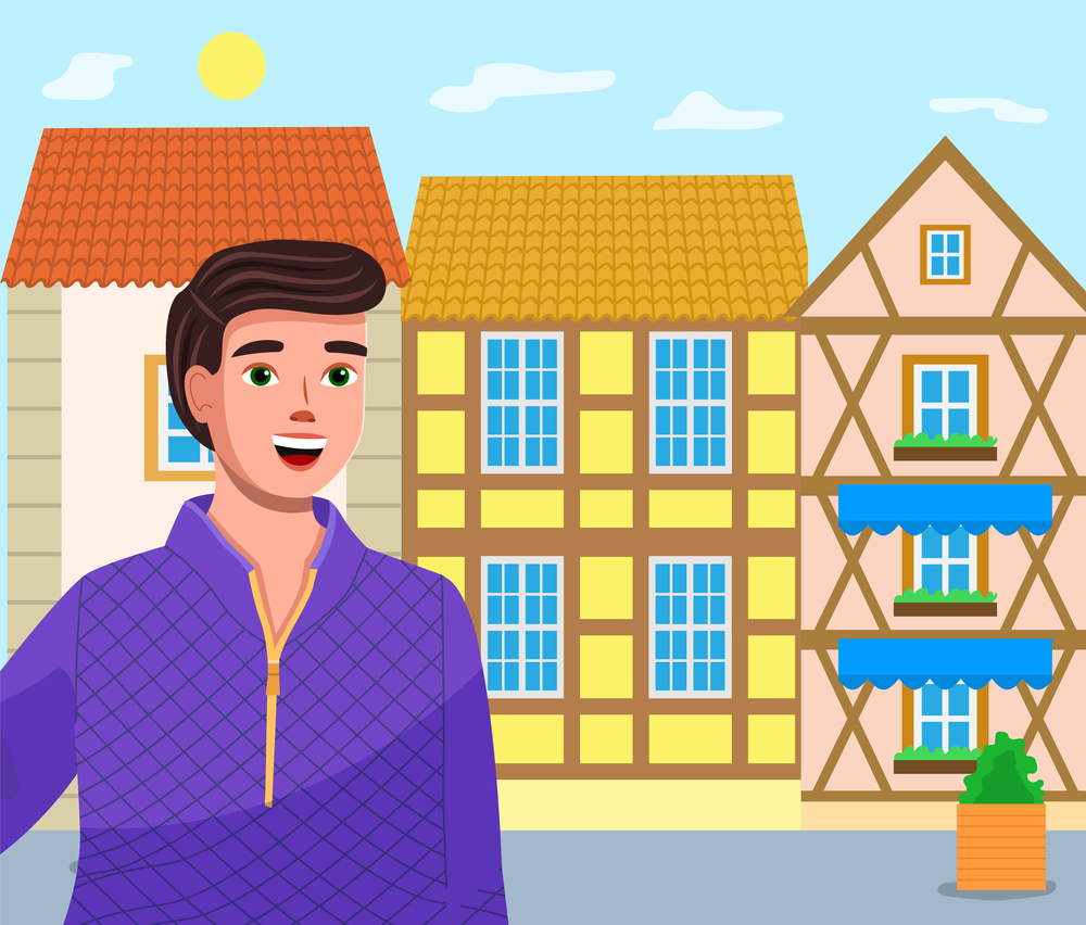 Young smiling guy close up, colorful dutch or danish house background. Walking along old city streets. Summer holiday, relaxation and sightseeing. Street with plant in pot. Authentic architecture. Young guy tourist on old town street, colorful houses. Trip or travel abroad, see the sights