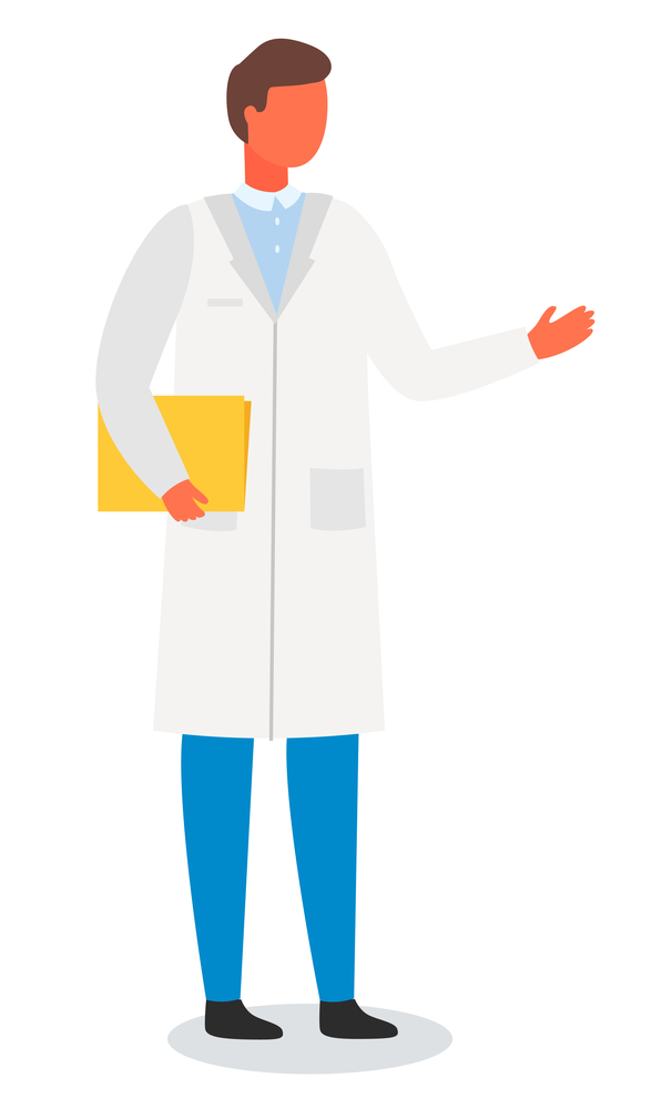 Male scientist, chemist or doctor is standing in white coat with a yellow folder for documents in his hands. The male points a hand. Researcher, doctor, laboratory assistant. Flat vector image. Scientist, laboratory assistant or doctor in a white coat with a folder. Flat vector image