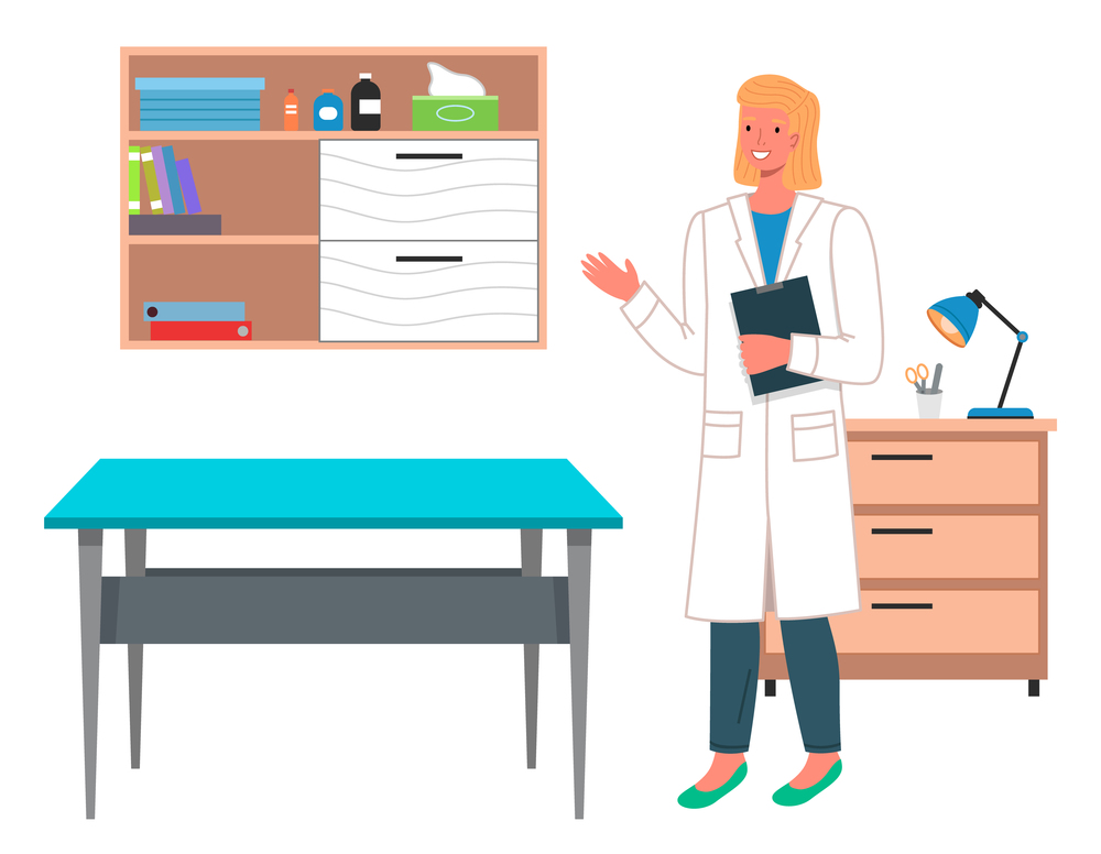 Young blond woman doctor or veterinarian in a hospital coat in medical office with a clipboard. Table for examination of patients or pets. The interior of doctor s office. Reception at the vet. Young woman doctor or vet in the doctor s office. Medical equipment, examination table or desk