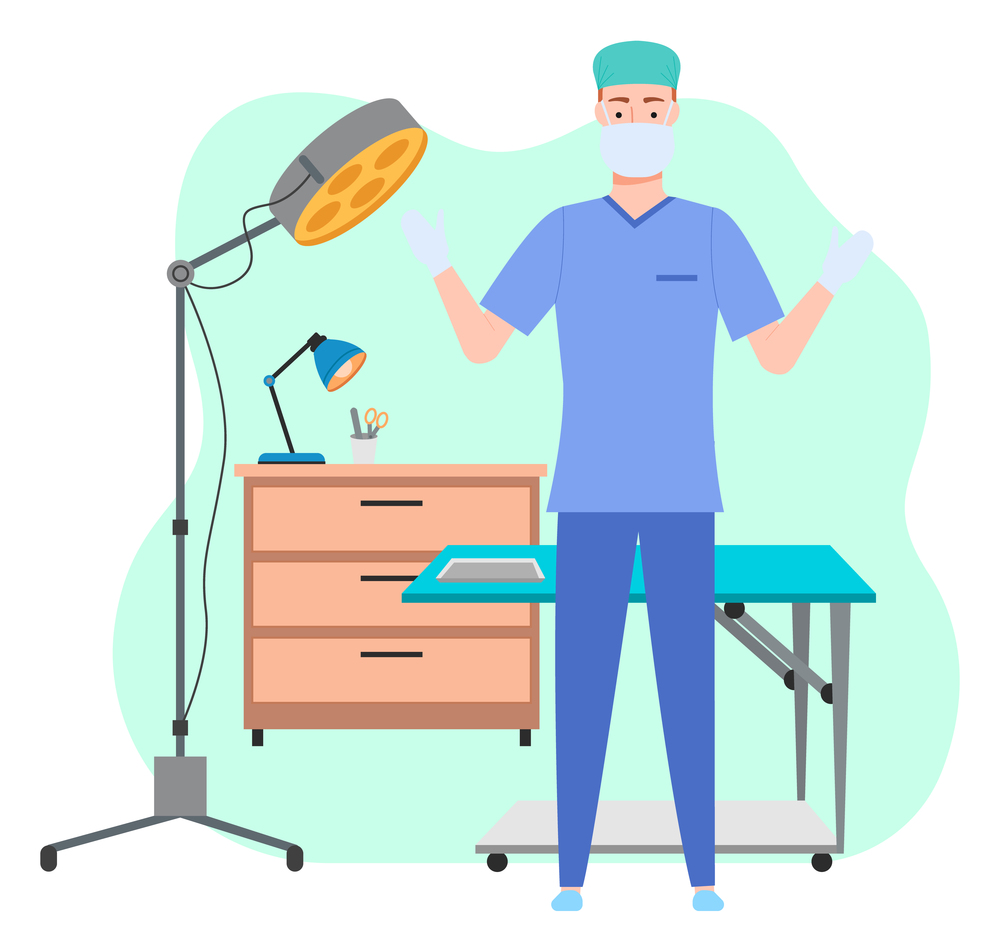 Male surgeon or veterinarian in uniform and mask standing with arms up near sectional table, floor-mounted operational light. Table lamp and medical instrument on cupboard. Green shapeless background. Man surgeon holds his hands up, stands near examination table and floor-mounted operational light