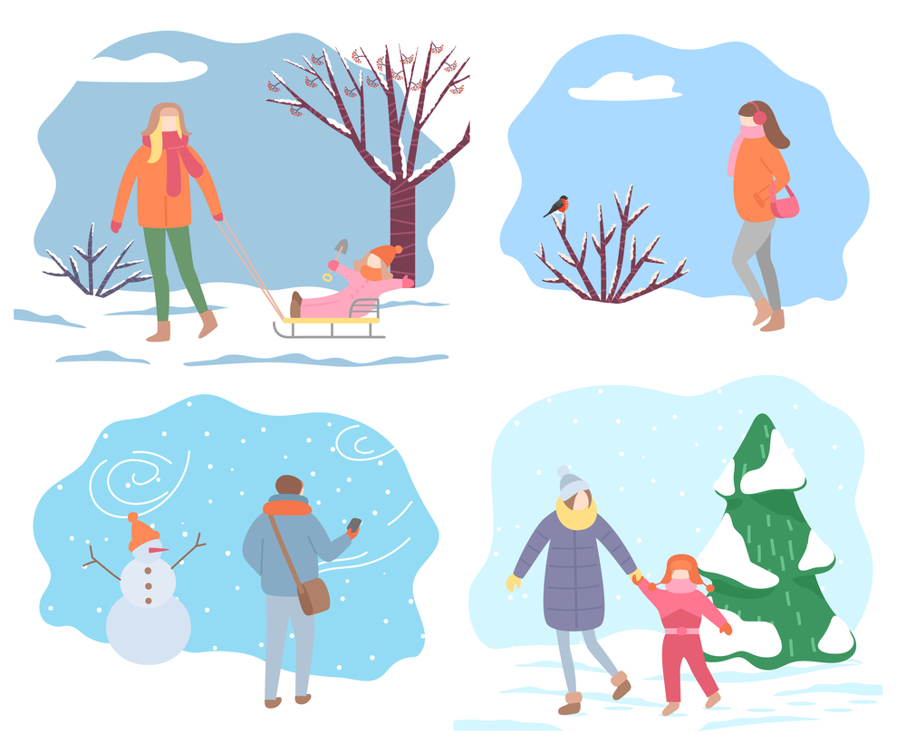 Winter outdoor activity, Christmas holidays and wintertime isolated icons vector. Sleighing and walking in park, building snowman. Child on sleigh with mother, Xmas tree and snow illustration. People Walking in Park in Winter, Outdoor Activity