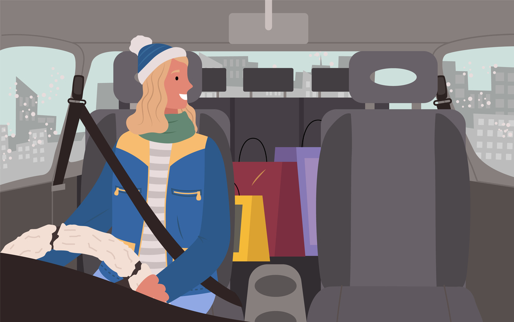 Woman driving car admiring beauty of winter city. Female character going home with bags and presents at backseat bought from shops and stores for christmas holidays. Driver wearing warm clothes vector. Female Character Driving Car in Winter Road Trip