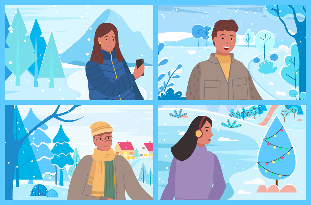 Happy man and woman walking in snowy forest with mountains. People in warm clothes jacket and hat making selfie and enjoying wild nature in frost season. Winter road trip of male and female vector. Traveler Going in Snowy Forest and Village Vector