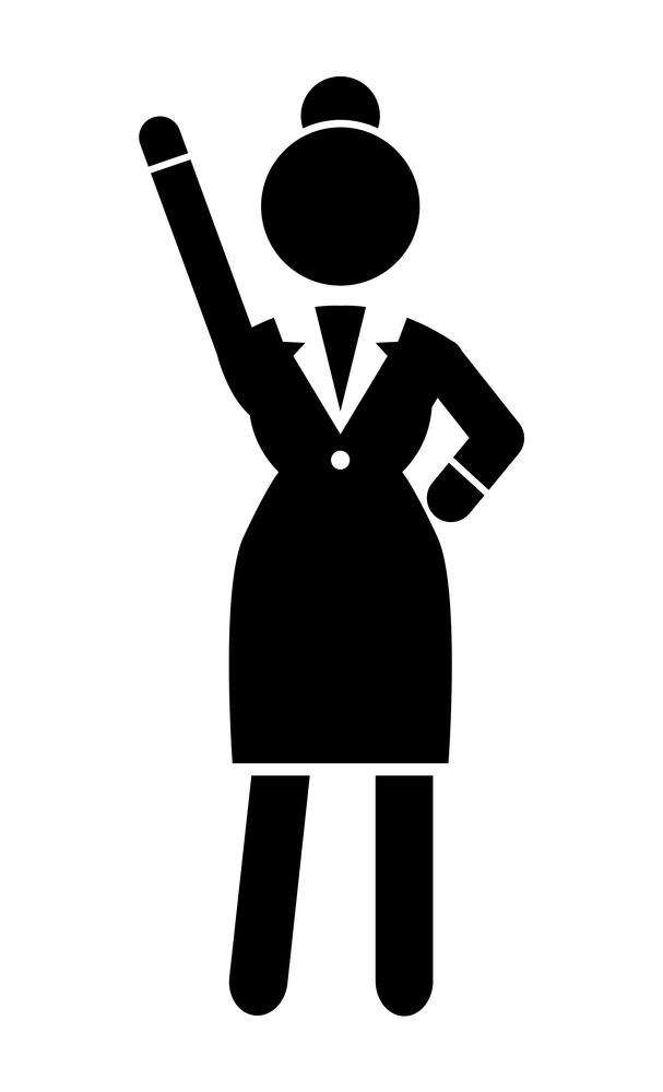 Black flat vector silhouette of businesswoman with hand up. Confident woman. Vector sketchy simplified figure of woman. Business website infographics. Female in strict black suit. Rounded edges shape. Black vector silhouette of businesswoman with raised hand. Business Infographic. Female figure shape