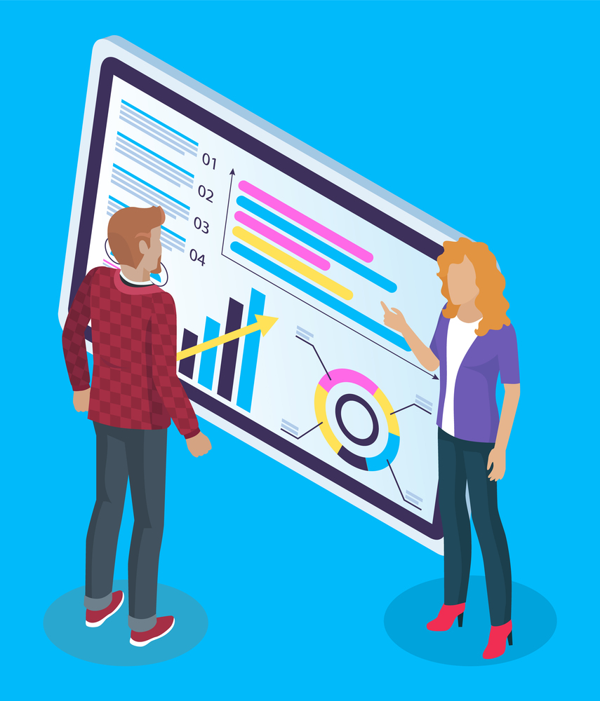 Isometric image of cartoon businessman and businesswoman standing near big screen tablet with bar chart, share chart, team performance indicators, analytical data. Discussion of team work. Flat image. Business partners communicate near large tablet screen with analytical data, charts. Data summary