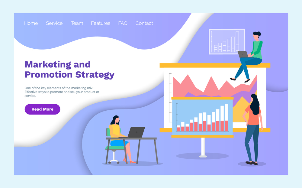 Landing page of marketing site. Marketing and promotion strategy. Researchers studying bar chart, chart area. Woman behind laptop, female standing and studying analytical data. Customer attraction. Marketing site template. Consumer research, marketing and promotion strategy. Flat vector image