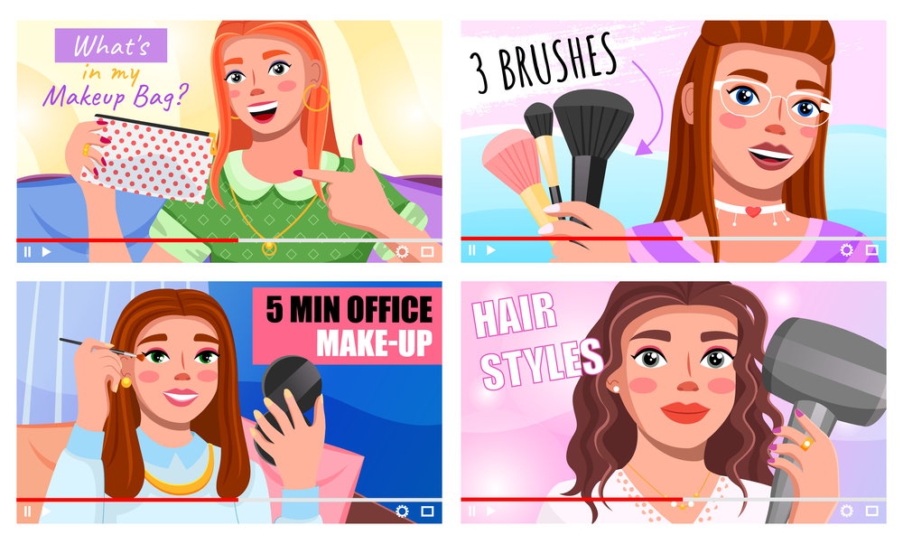 Set of images with beauty bloggers. Girl shows what is in her makeup bag, girl talks about cosmetic brushes, blogger does makeup in 5 minutes, female with hairdryer. Video broadcast, stream, broadcast. Beauty bloggers live broadcast, streaming, video master class, cosmetics. Flat vector image
