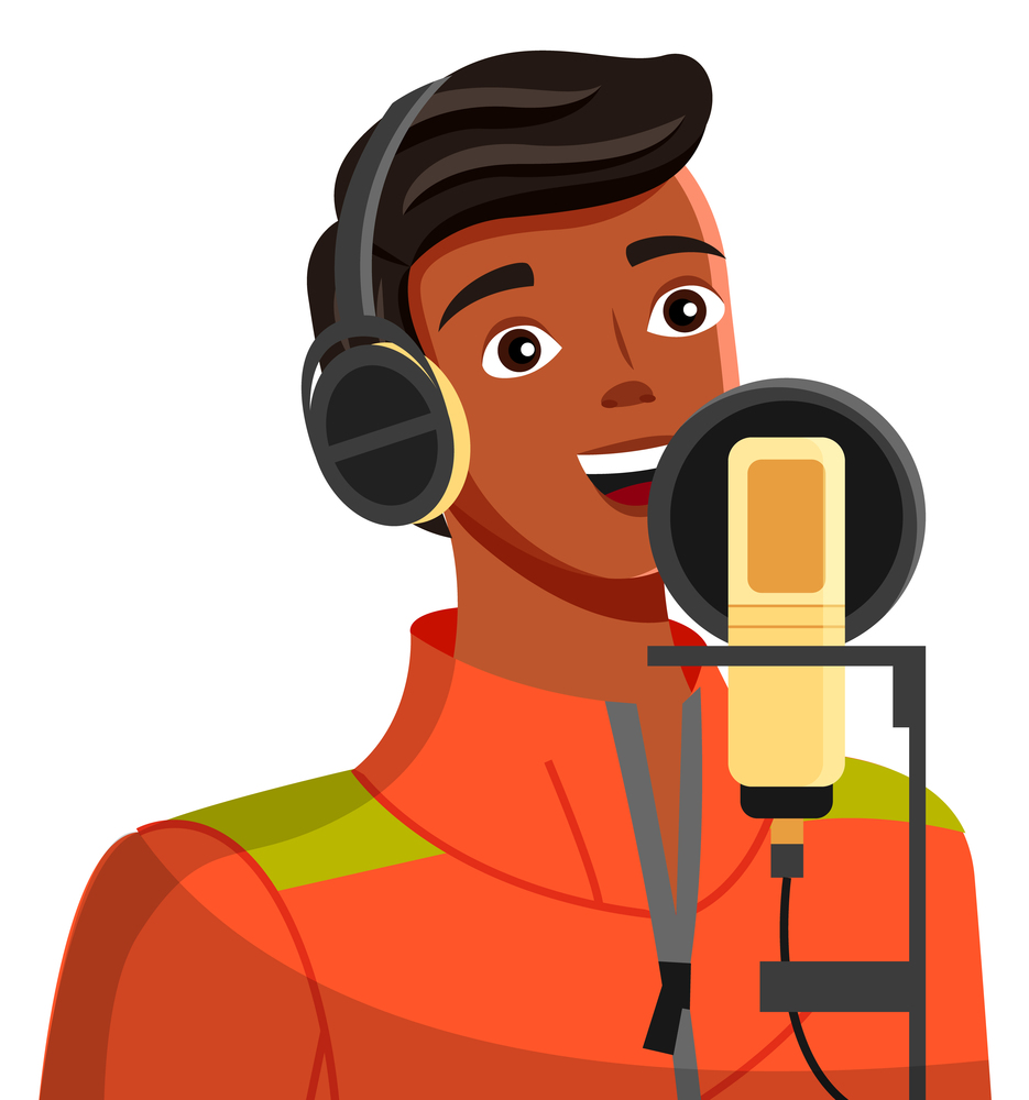 Young tanned guy broadcasting using modern professional equipment Young man in jacket with headphones. Cartoon character, blogger. Brunette with white-toothed smile. Guy blogger chats via microphone. Blogger guy recording using professional microphone and headphones, live broadcast, blogging