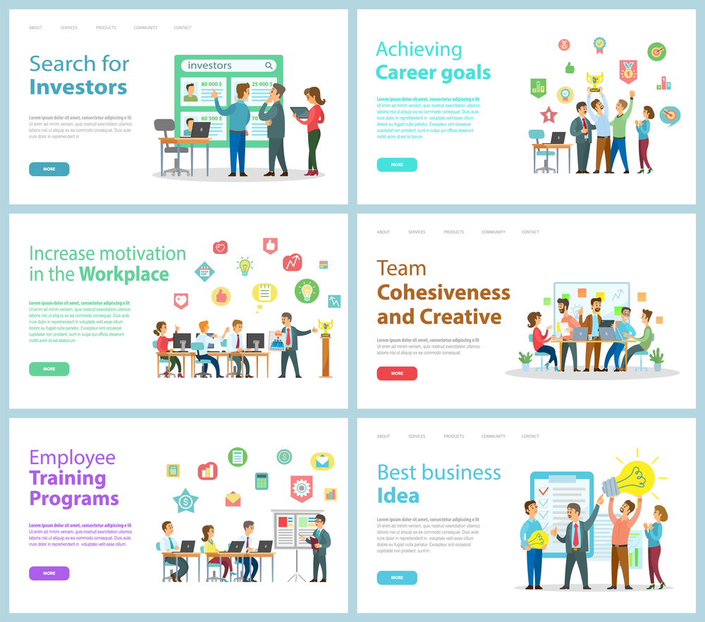 Large set of banners. Search for investors, career goals achievement, leader increases motivation of employees, office workers, cohesion and creativity, training, best business idea. Website Templates. Business website template on creative ideas theme, investments, training, career goal achievement