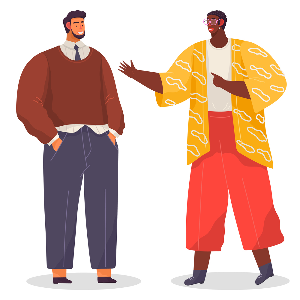 Cartoon people standing. Bearded man in brown sweater stands with hands in pockets, dark-skinned woman speaks to man, wears earrings and glasses, yellow blouse and red pants. Conceptual office heroes. Cartoon office characters standing and talking. Bearded man and dark-skinned woman in bright clothes