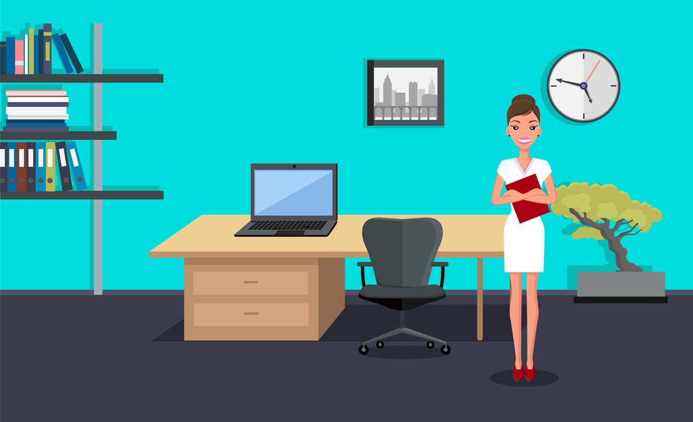 Young slim beautiful smiling business lady, secretary or high-level manager in white strom dress, high heels, with red folder. Office modern office with equipment laptop, comfortable swivel chair. Businesswoman or top manager stands in the modern office. Young fashionable dressed female.