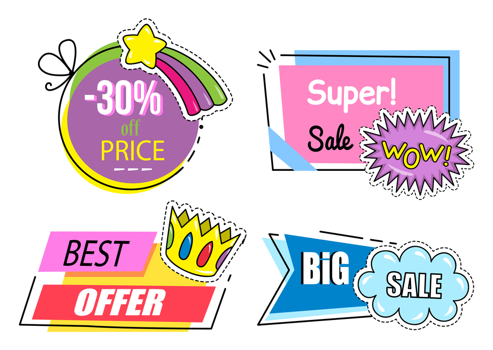 Set of super sale banners. Discount poster template. Big sale special offer. End of season special proposition banner vector flat style. Best price advertising poster with image of various signs. Set of super sale banners. Discount poster isolated on white. Big sale offer. Special proposition