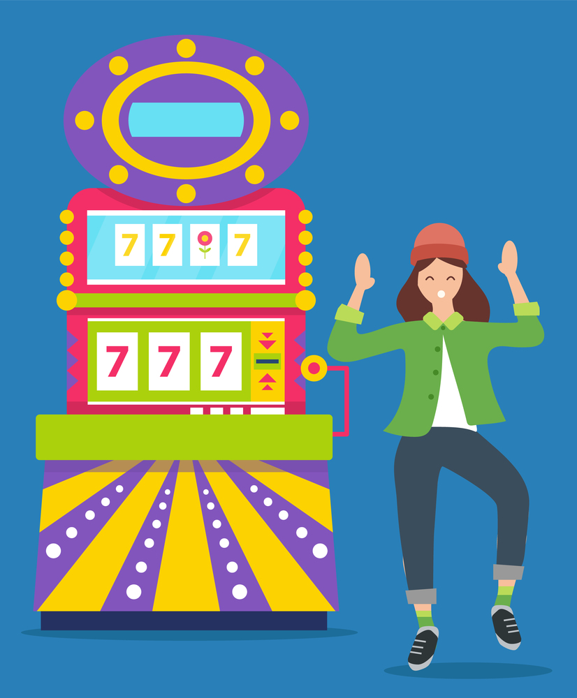 Slot machine jackpot casino win. Lucky woman celebrate winning prize vector illustration. All sevens spin combination on the screen. Happy female character is dancing near the wheel of Fortune. Slot machine jackpot casino win. Lucky woman celebrate winning prize. Happy female character dancing