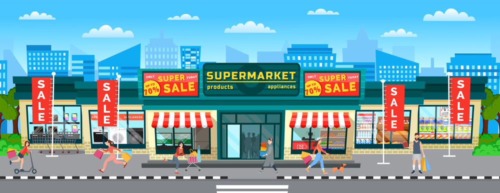 Buyers are going out of the store with purchases in their hands. Supermarket sales and discounts. Women with bags in the shopping cart. The girl walking the dog. A group of people rushing to the sale. Buyers run out of the store with purchases. Supermarket sales and discounts. People go shopping
