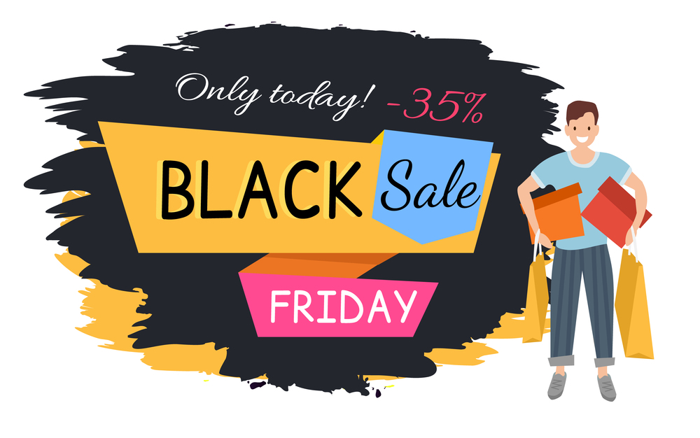 Promotion of sales and discounts in the store. Guy shopping on black friday. Man with shopping bags in his hands is smiling. Young handsome fashion shopper guy standing and holding colorful boxes. Promotion of sales and discounts. Guy shopping on black friday. Man with bags for purchases