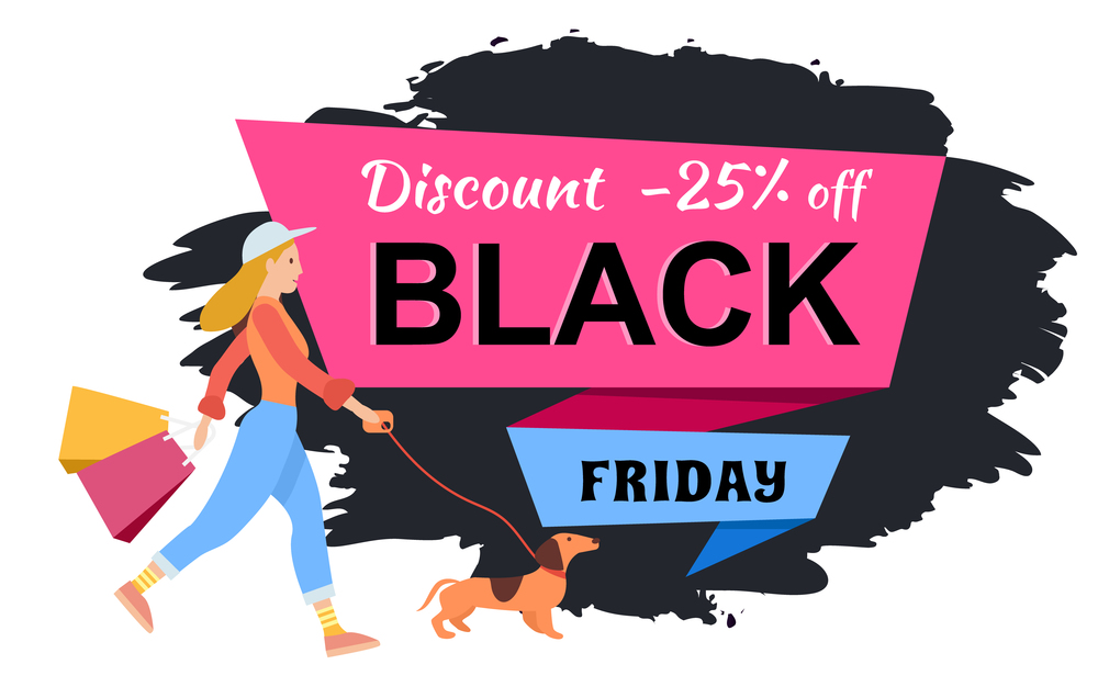 Promotion of sales and discounts in the shop. Woman shopping on black friday. Female character is walking with the dog. Young beautiful fashion shopper girl with the advertisement on background. Promotion of sales and discounts. A girl is walking with the dog and going shopping on black friday