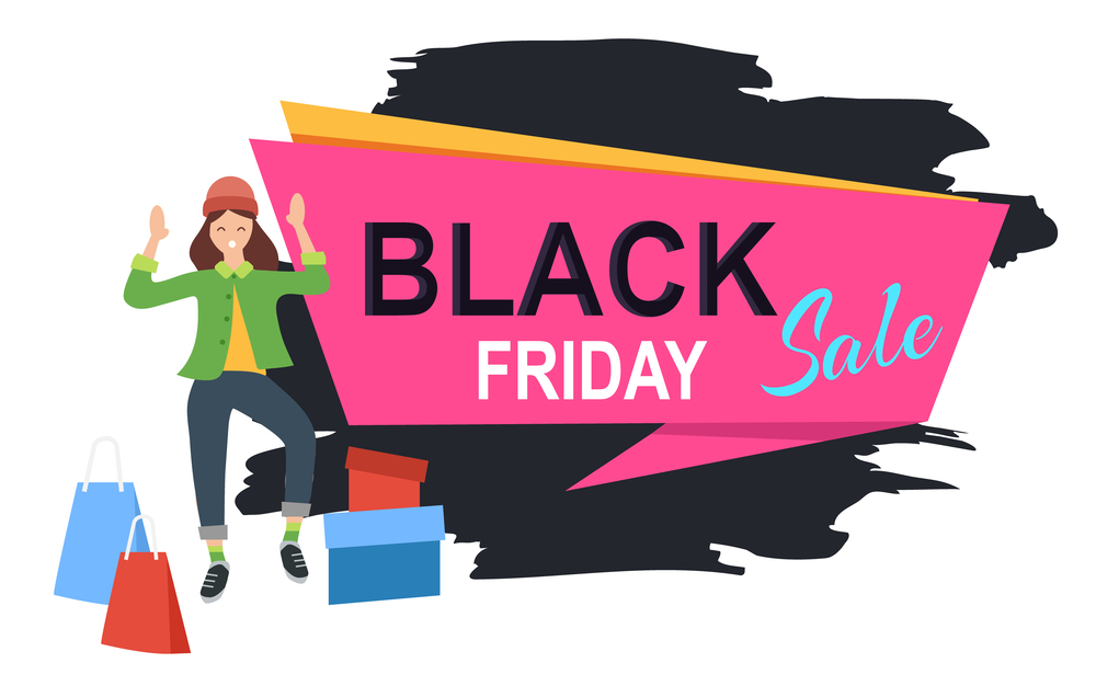 Promotion of sales and discounts in the shop. Woman shopping on black friday. Female character in hat is dancing near boxes. Young beautiful fashion shopper girl with the advertisement on background. Promotion of sales and discounts. A girl is dancing near boxes. Shopping on black friday concept