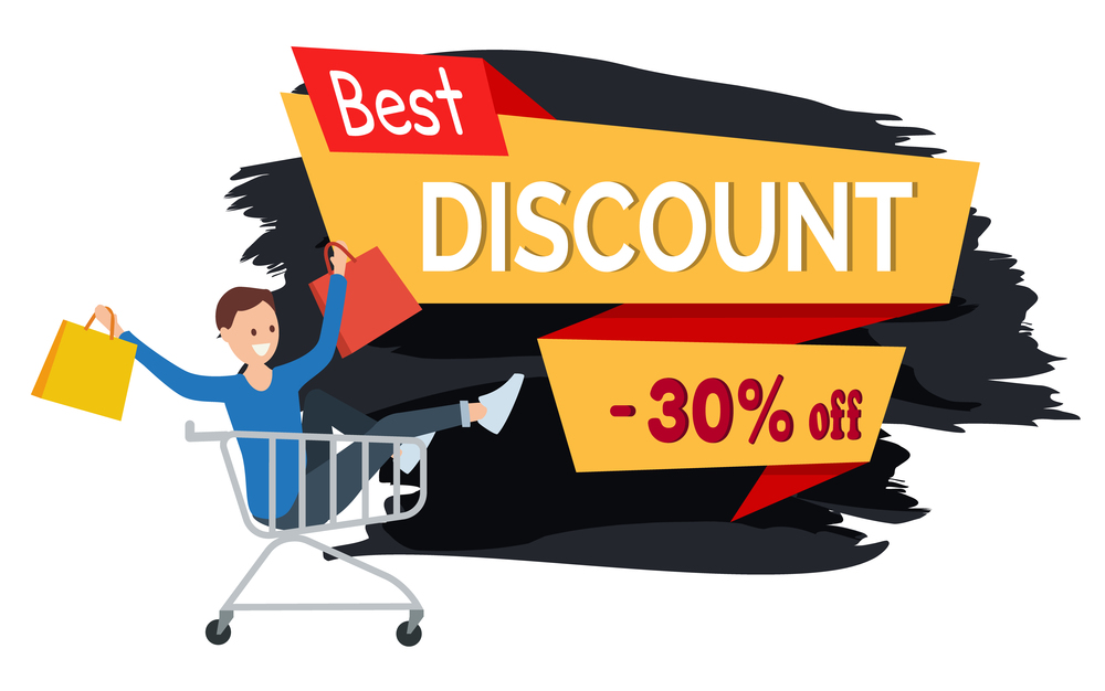 Male customer in the store. Promotion of sales and best discounts in the shop. Man with shopping bags in his hands is smiling. Young handsome fashion shopper guy is rolling in the shopping cart. Promotion of sales and discounts. Young fashion shopper guy is rolling in the shopping cart