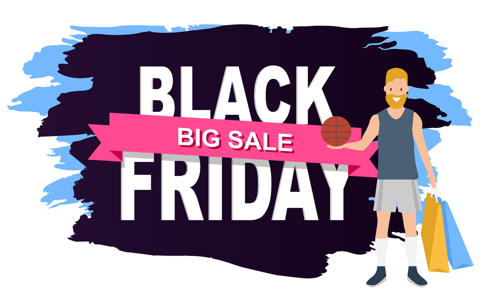 Promotion of sales and discounts in the store. Young shopper fashion guy shopping on black friday. Man with shopping bags and a ball in his hands is smiling. Male character is going to play basketball. Promotion of sales and discounts. Young shopper guy going to play basketball on black friday