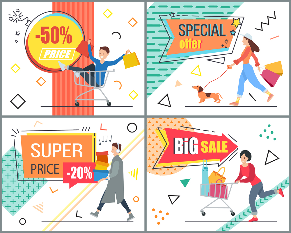 Set of illustrations on the theme of special offer and discounts. People with purchases in the store. Girls and boys going shopping. Advertising and marketing in the background. Super price and sales. Set of illustrations on the theme of special offer and discounts. People are shopping in the store