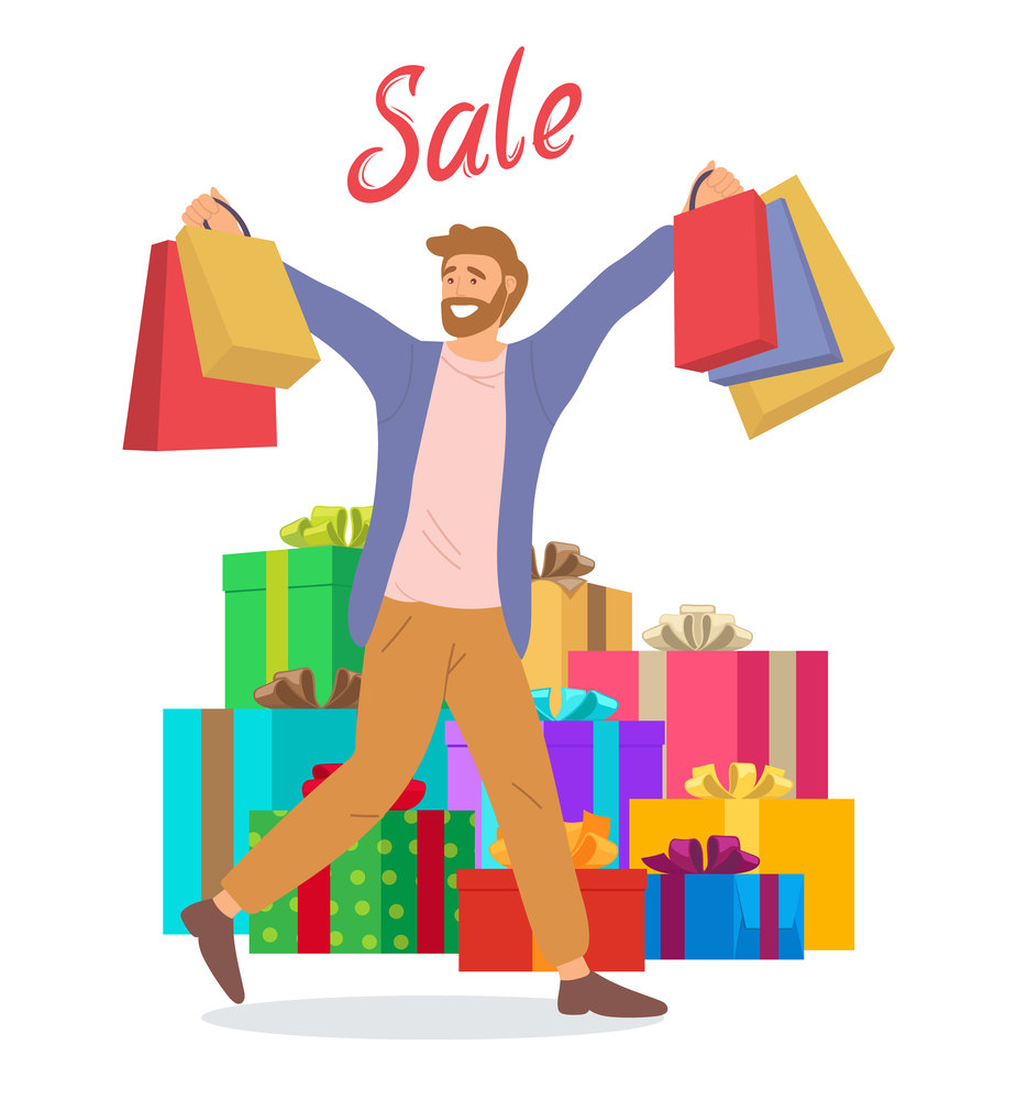 Young handsome happy guy picks up multi-colored packages. Male character with shopping bags in his hands. Big gift boxes on the background. Holliday sale concept. Preparation for the celebration. Guy picks up multi-colored packages. Big gift boxes on the background. Holliday sale concept