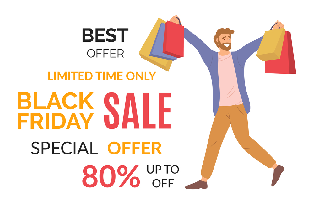 Young handsome happy guy buys presents on the sale. Male character with shopping bags in his hands on the black friday. Announcement of an eighty percent discount. Special offer in the store. Announcement of an eighty percent discount. Guy shopping on sale with colorful packages in his hands